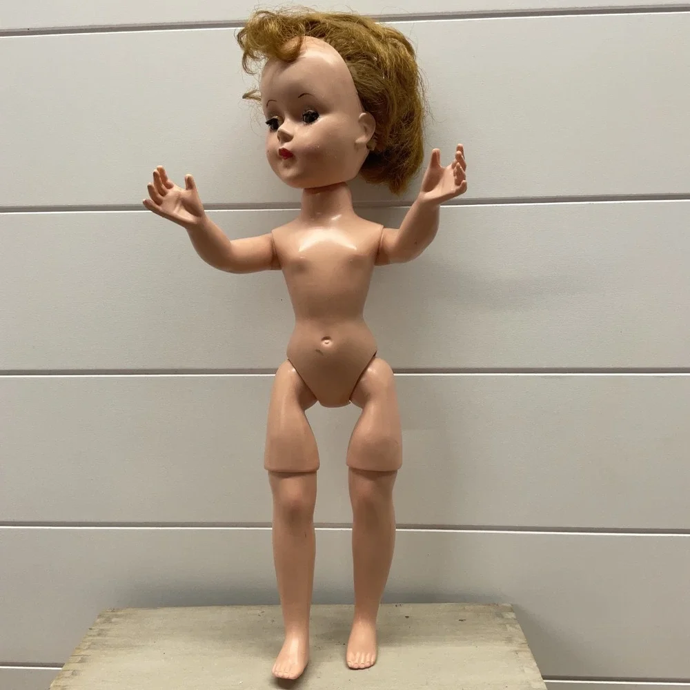 Vintage 1950s Hard Plastic Walking Doll Sleep Eyes Strawberry Blonde 18 Inch